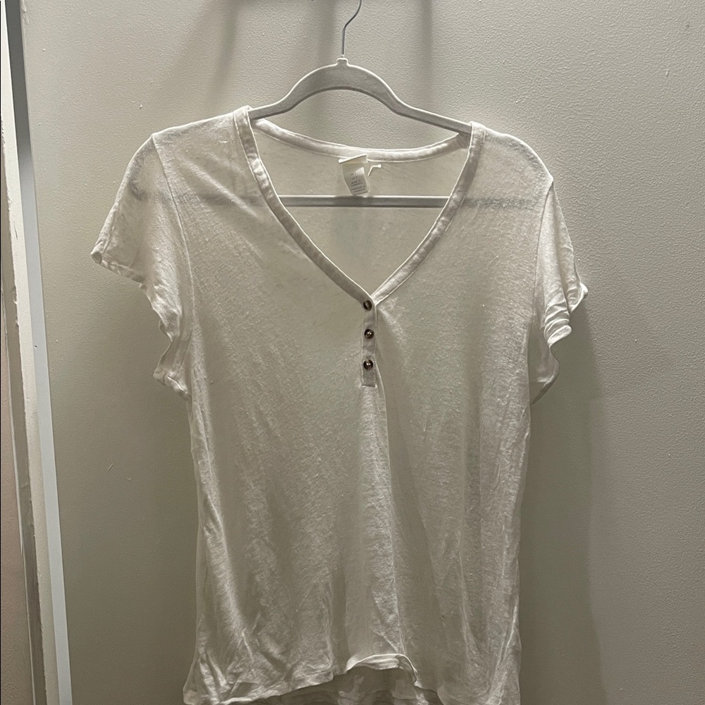 H&M Cream V-Neck Buttoned Short Sleeve Top